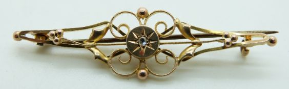 Victorian 9ct gold brooch set with a rose cut diamond, 2.6g