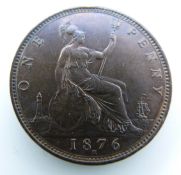 1876 Victorian bronze later young bust bronze penny, Heaton Mint, OT TB, near unc, toned with some