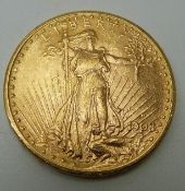 1908 USA Liberty standing, eagle reverse, twenty dollar gold coin, Denver Mint, 33.4g