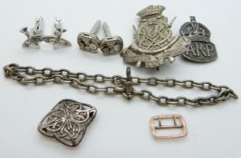 A silver ARP brooch, silver fob chain, Victorian yellow metal buckle, pair of cufflinks etc