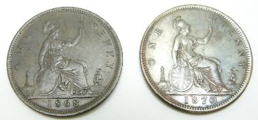 1868 Victorian bronze young head penny OT TB VF-EF, together with an 1870 VF example with 'silver'