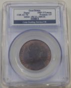 1889 slabbed Victorian later young bust bronze penny, CGS AU78, Freeman 127
