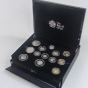Royal Mint 2015 silver proof coin set comprising 13 coins from five pounds to one penny, including