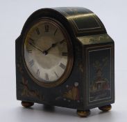 A c1920 French mantel clock with silvered guilloché enamel and oriental lacquered design to case,