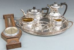 Plated tea set and galleried tray and an oak cased barometer
