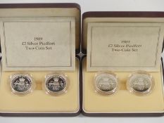 Two Royal Mint 1989 £2 silver proof Piedfort two coin sets, in original cases