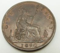1890 Victorian later young bust bronze penny, OT TB, unc, with weak strike to lower border