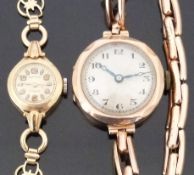 Two 9ct gold ladies wristwatches one Edwardian with blued hands, black Arabic numerals and