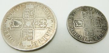 1707 Queen Anne half crown, Edinburgh, plain angles, about F, together with a 1711 shilling,