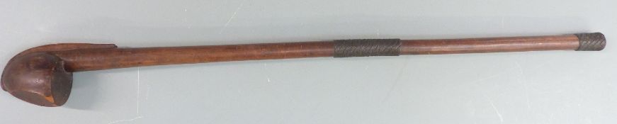 A 19thC African knobkerrie or throwing stick of unusual flattened form with wire grips/ mounts and