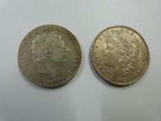 George III 1819 LX crown, F, together with a 1921 USA Morgan dollar, VF
