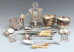 Art Krupp Berndorf embossed silver plated jardinière, six silver plated bowls, cutlery and a