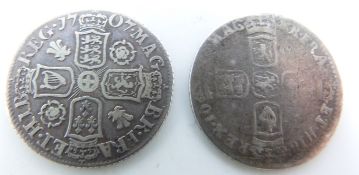 William III sixpence, F, together with a Queen Anne 1707 roses and plumes example, GF