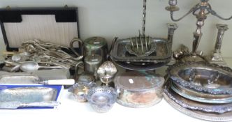 A quantity of silver plate including candlesticks, serving dishes, loose cutlery etc