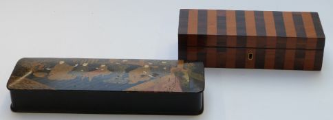 A 19th C parquetry box and a Japanese inlaid example containing a hallmarked silver fruit knife, one