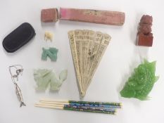 A carved bone fan, hardstone carvings, sunstone carving, cloisonné chopsticks etc