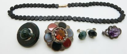 French jet necklace made up of heart shaped links with 9ct gold clasp, two Victorian brooches one