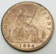 1894 Victorian later young bust bronze penny, OT BB, lustrous unc