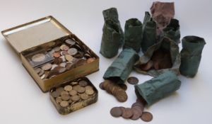 Quantity of three pence coins, pennies etc, includes small silver content and a tin of world coins