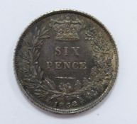 1858 young head Victorian sixpence near EF with striking flaw obverse, blue tone