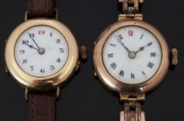 Two Edwardian gold plated ladies wristwatches both with blued hands, white enamel dials and gilt