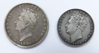 George IV 1826 shilling, together with an 1826 sixpence, F and GF