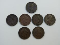 Seven copper pennies comprising three George IV examples, three William IV examples, F or better,