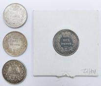 Four 1865 young head Victorian sixpences, die numbers 12, 15 and 22, VF+