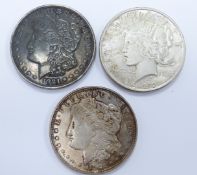 Three USA Morgan dollars, two for 1921 and a 1922 example, EF, one with toning