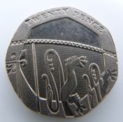 Royal Shield of Arms, undated error obverse 20 pence coin (2008) mule, Spink 4636A, EF+