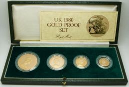 Elizabeth II 1980 proof gold four coin sovereign set comprising five pound, double, full and half