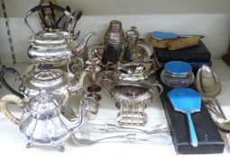 A quantity of silver plate including tea ware, Harrods cased cutlery, guilloché enamel dressing