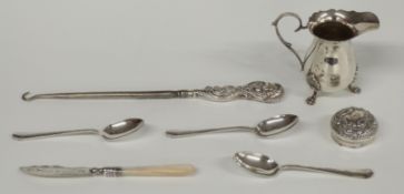 Modern hallmarked silver Georgian style jug, height 8cm, three rat tail teaspoons, silver lid,