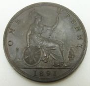 1891 Victorian later young bust bronze penny, OT TB, toned, some lustre obverse, unc