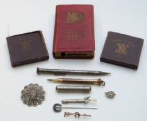 Vintage agate pin, filigree Bayeux brooch, dagger in scabbard brooch / toothpick, vintage pens,