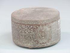 Chinese engraved circular lidded metal box on ball feet, height 9cm, diameter 15cm