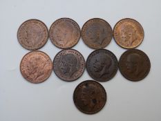WW1 era George V pennies, 1914-1918, some EF/unc with lustre, one 1918 KN, lower mintage example