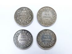 Three Victorian young head sixpences comprising 1842, 1843, 1844, all NVF, and a further example 7