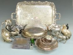 A quantity of plated ware including tea ware, tankard, twin handled tray, length L54cm, James