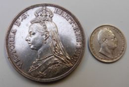 Victorian 1887 Jubilee head crown, cased, together with a William IV 1935 sixpence, VF, both