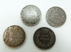 Four Victorian young head sixpences, two for 1859, one with unusual 5/3, 1860 and 1869, with die