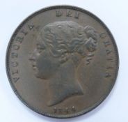 1844 Victorian copper penny, NVF, ornamental trident