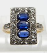 Art Deco 18ct gold ring set with three oval cut sapphires each approximately 0.45ct surrounded by