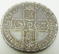 1709 Queen Anne half crown, draped bust, plain moles reverse, OCTAVO edge, detail VF+ with toning
