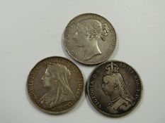 A trio of Victorian crowns to include young head 1845 LVIII with cinquefoil, 1898 veiled head LXII