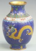Chinese cloisonné enamel vase decorated with dragons on a blue ground, four character mark to