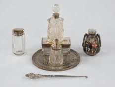 Four Victorian and later hallmarked silver mounted / lidded dressing table pots or bottles,