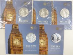 Five Royal Mint 2015 Big Ben £100 fine silver coins, in original packaging