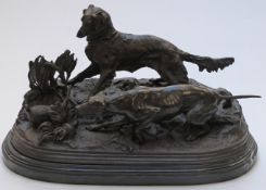 Bronze figure of dogs flushing pheasant from undergrowth, mounted on a marble plinth, H 26cm x L