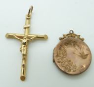 A 9ct gold crucifix and a 9ct gold back and front locket